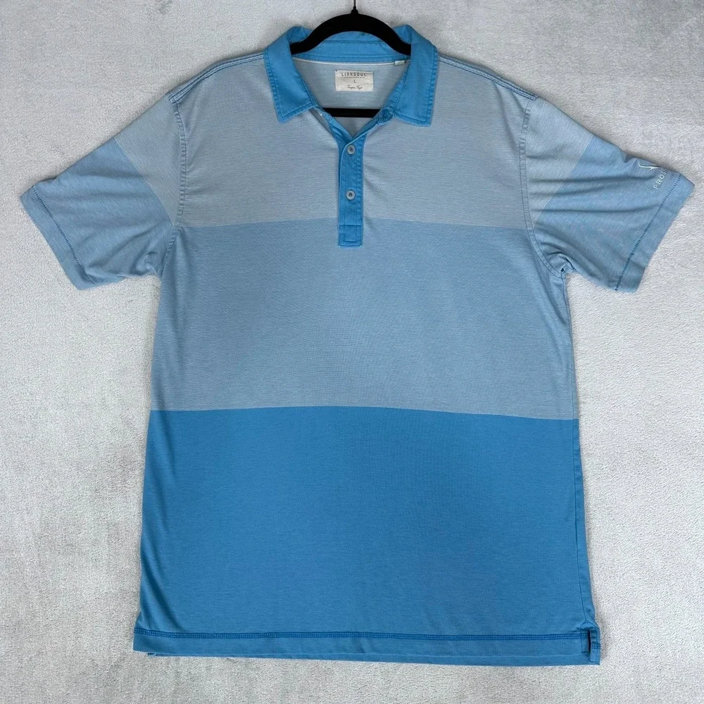 LinkSoul Tempus Fugit Golf Polo Shirt Men's L Light Blue Striped Short Sleeve